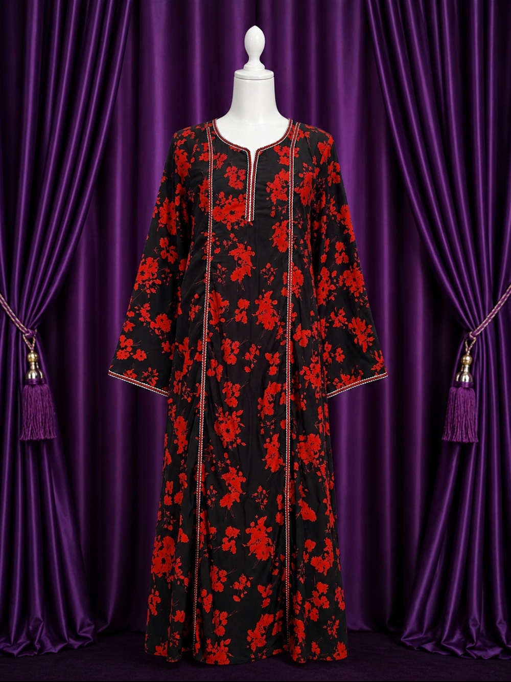 Black & Red Floral Long Sleeve Nightdress